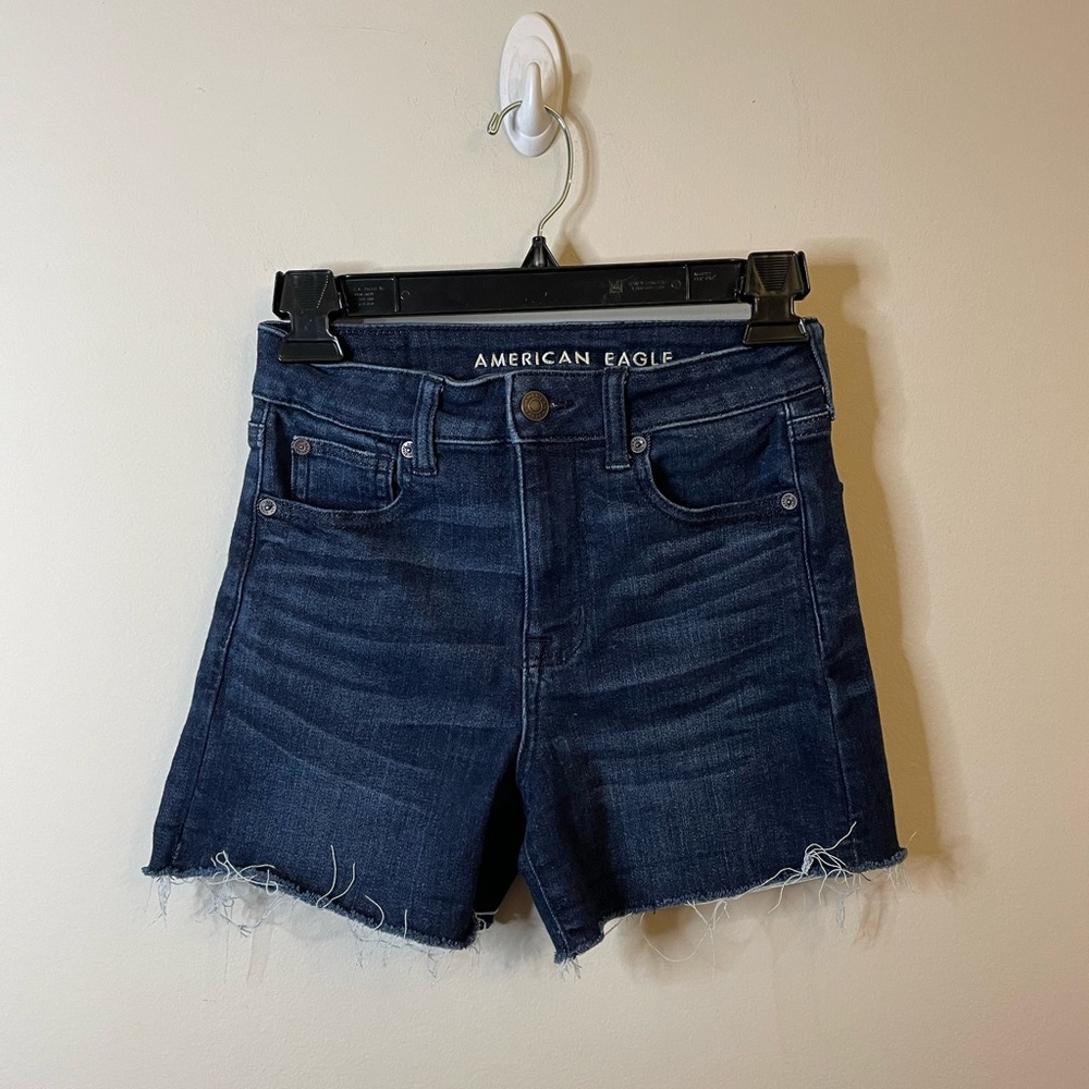 American Eagle Ne(x)t Level Stretch Dark Wash Raw Hem Super Hi-Rise Shortie